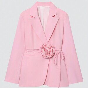 Pink Elegant Women's Casual Floral Tie-Up Blazer Jacket